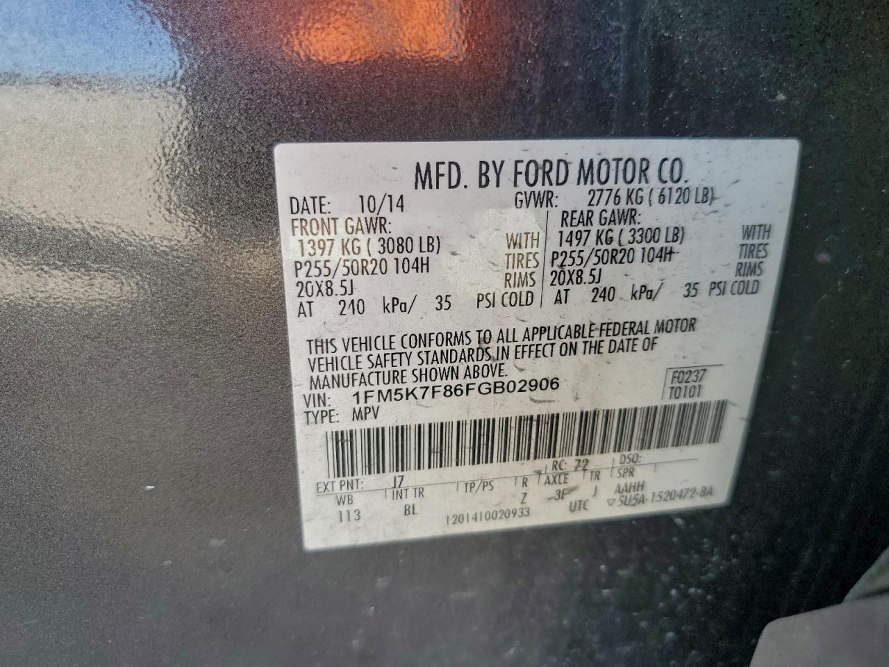 2015 Ford Explorer Limited VIN: 1FM5K7F86FGB02906 Lot: 95247075