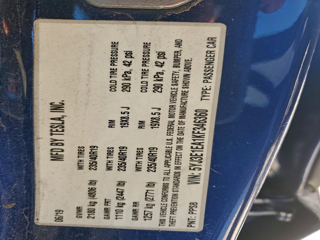 2019 Tesla Model 3 VIN: 5YJ3E1EA1KF346360 Lot: 94896125