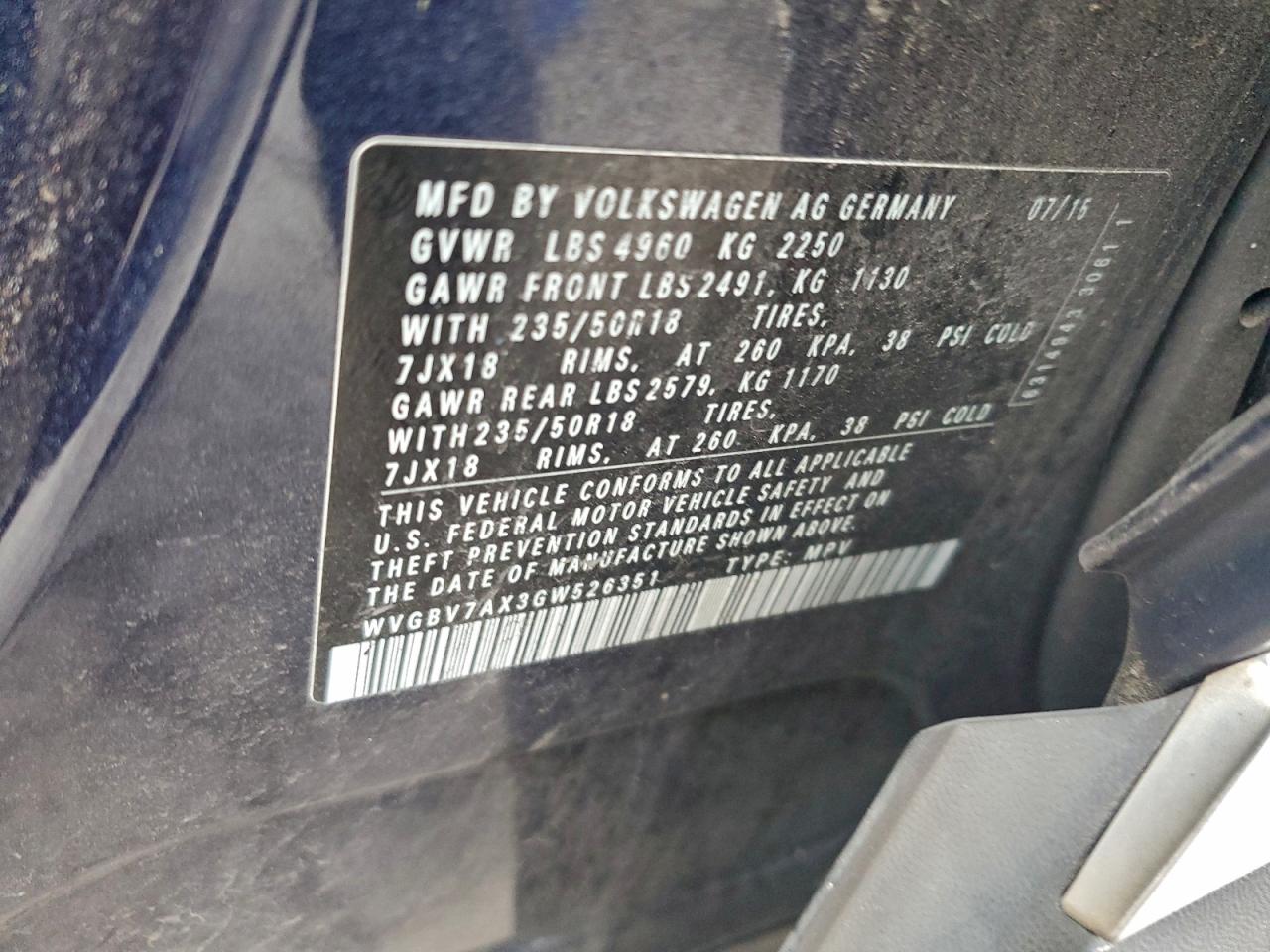 2016 Volkswagen Tiguan S VIN: WVGBV7AX3GW526351 Lot: 95709525