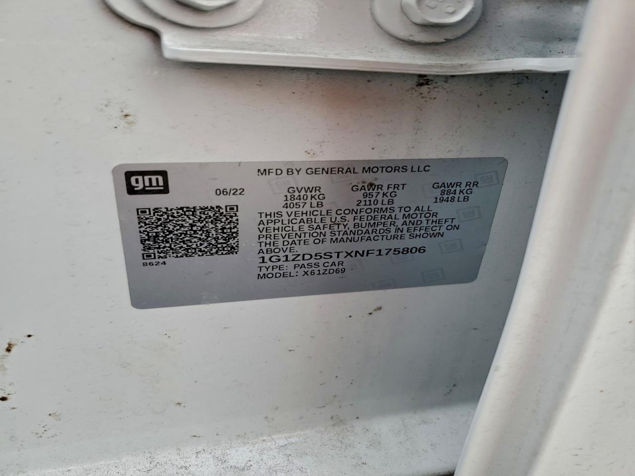 2022 Chevrolet Malibu Lt VIN: 1G1ZD5STXNF175806 Lot: 94506225