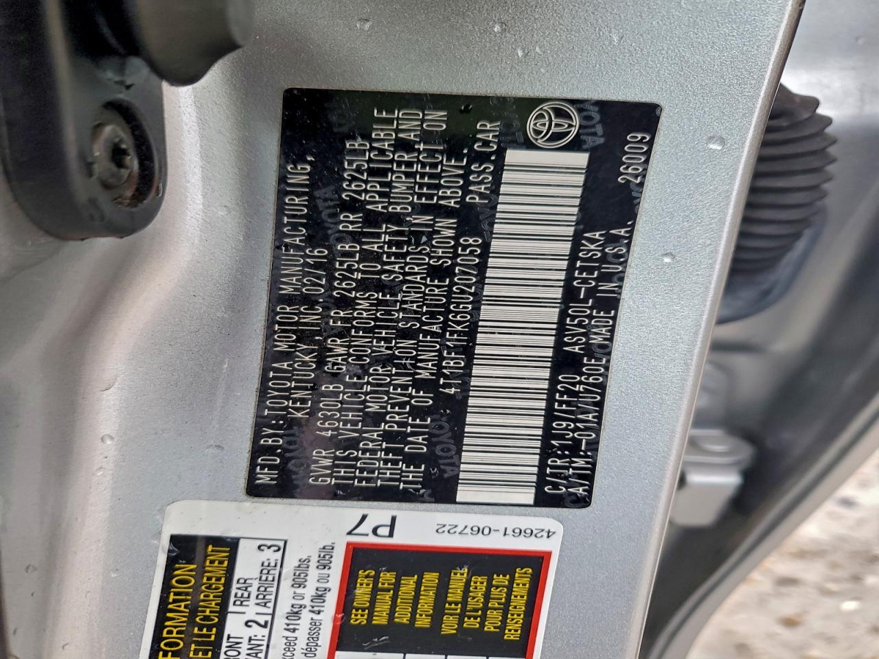 2016 Toyota Camry Le VIN: 4T1BF1FK6GU207058 Lot: 94762035