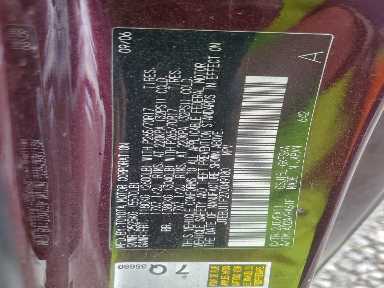 2007 Toyota Fj Cruiser VIN: JTEBU11F270049180 Lot: 95452215