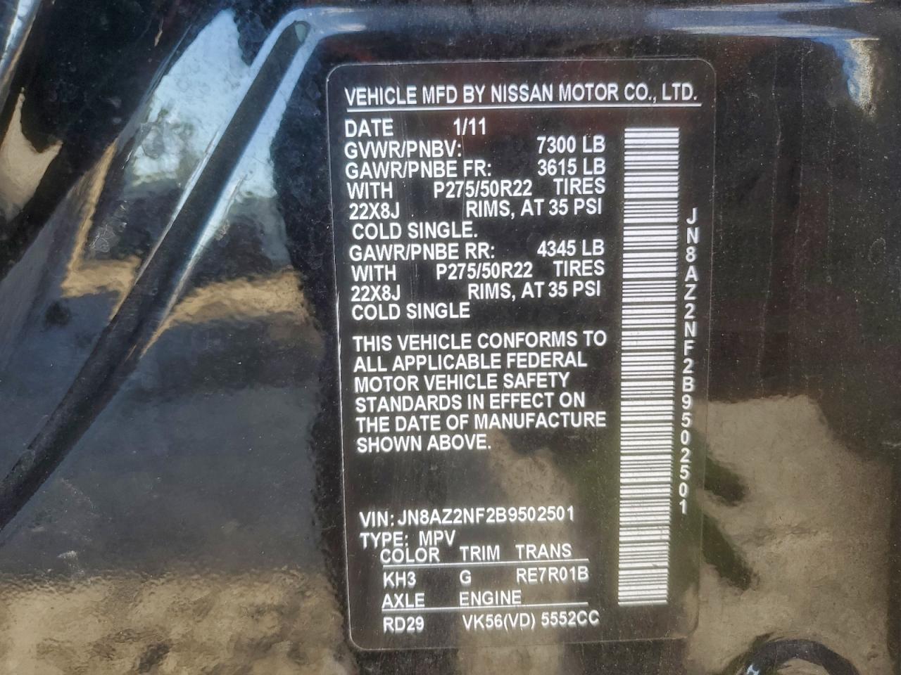 2011 Infiniti Qx56 VIN: JN8AZ2NF2B9502501 Lot: 97157495