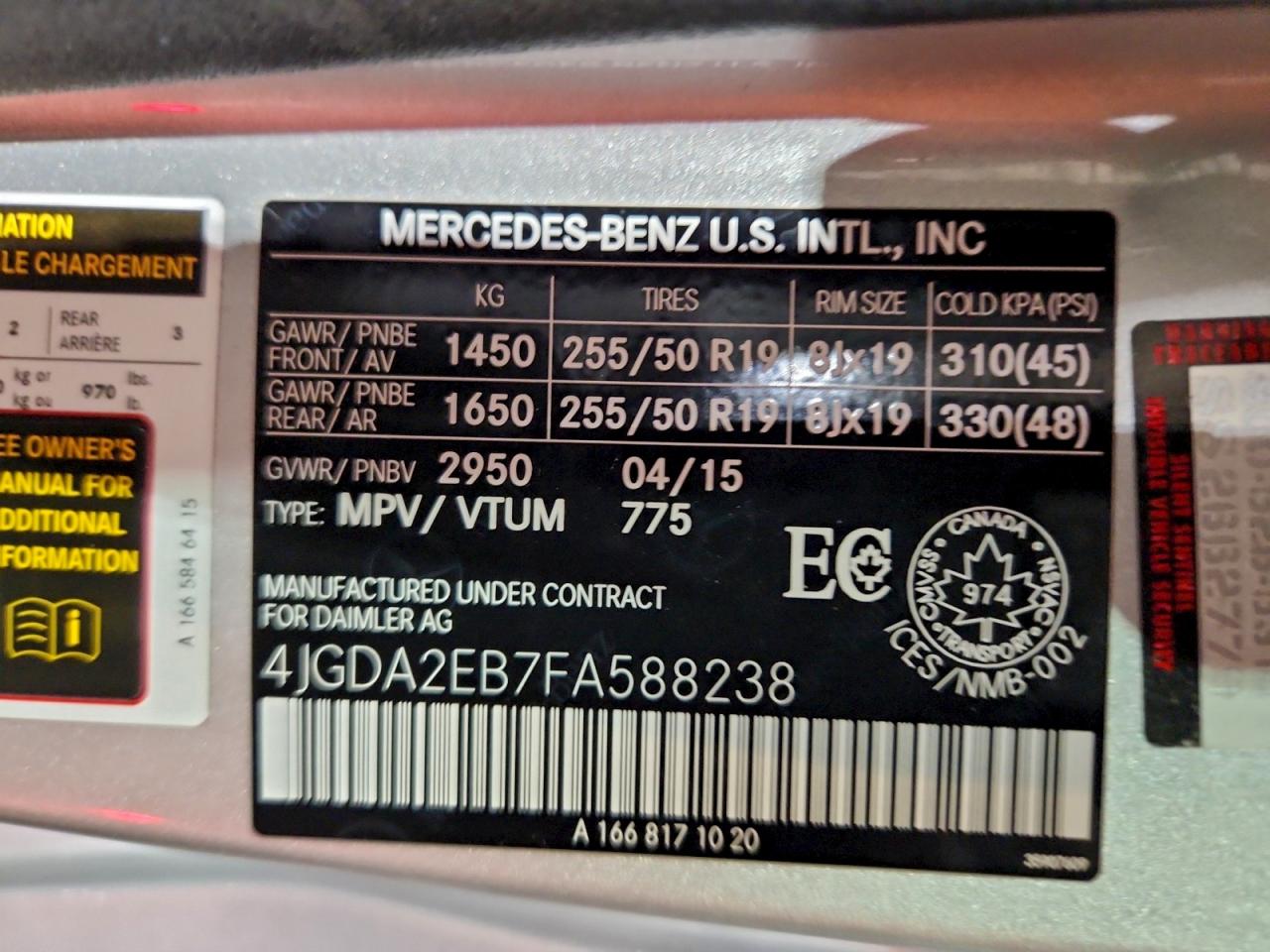 2015 Mercedes-Benz Ml 350 Bluetec VIN: 4JGDA2EB7FA588238 Lot: 96016985