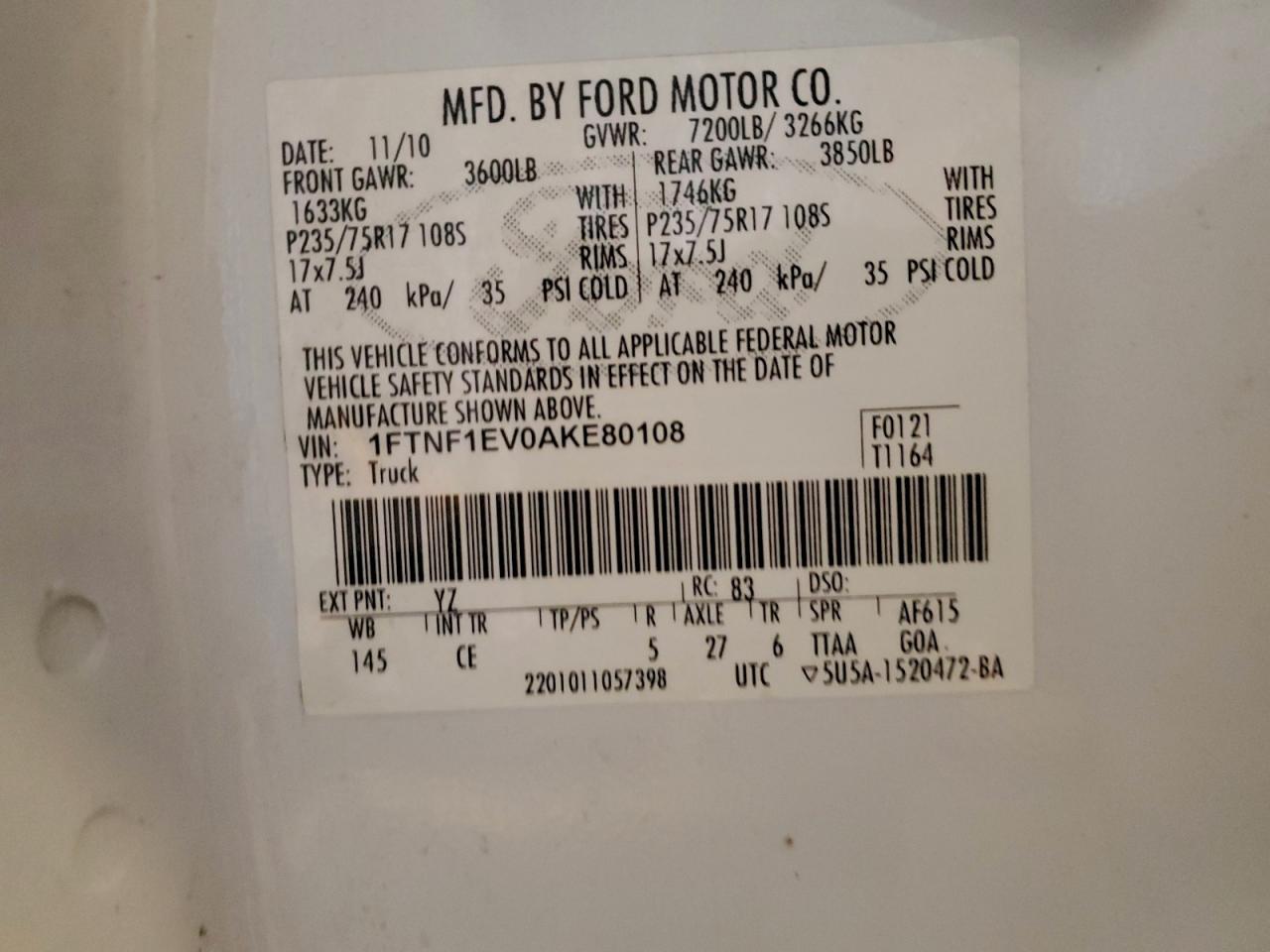 2010 Ford F150 VIN: 1FTNF1EV0AKE80108 Lot: 93511355