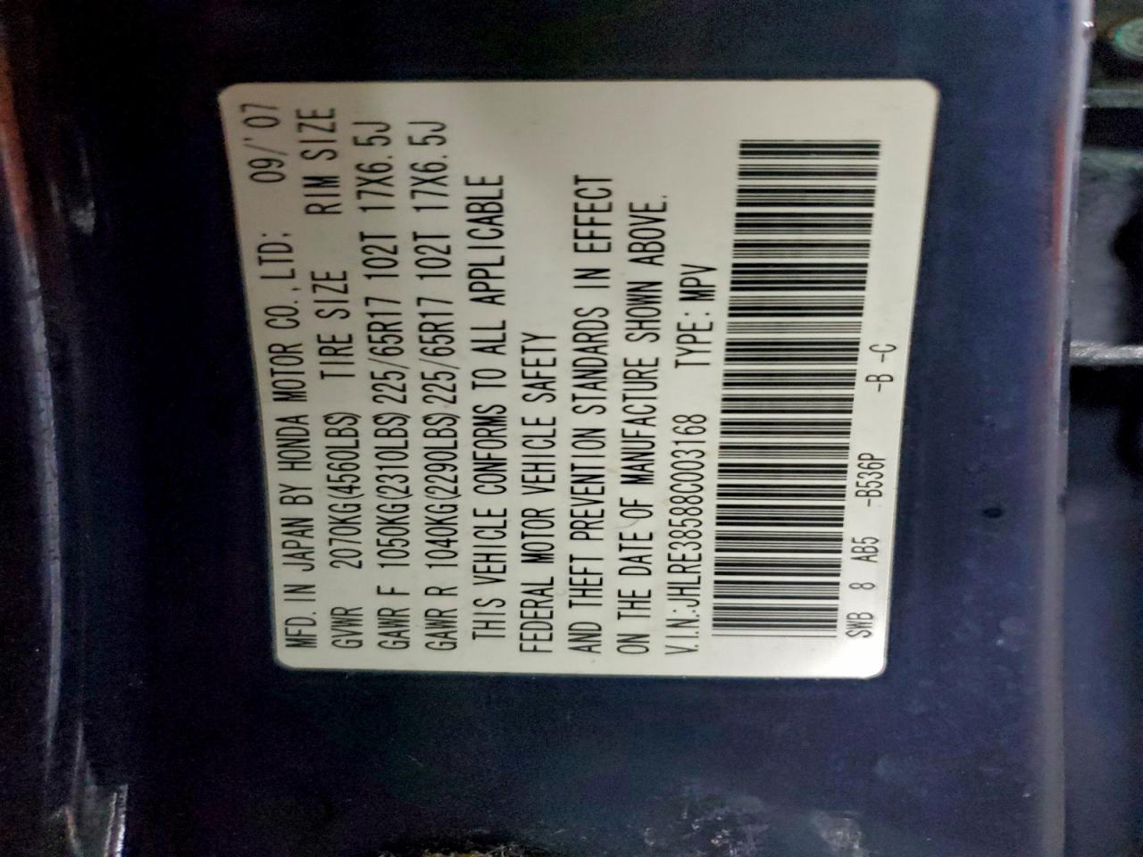 2008 Honda Cr-V Ex VIN: JHLRE38588C003168 Lot: 97801385