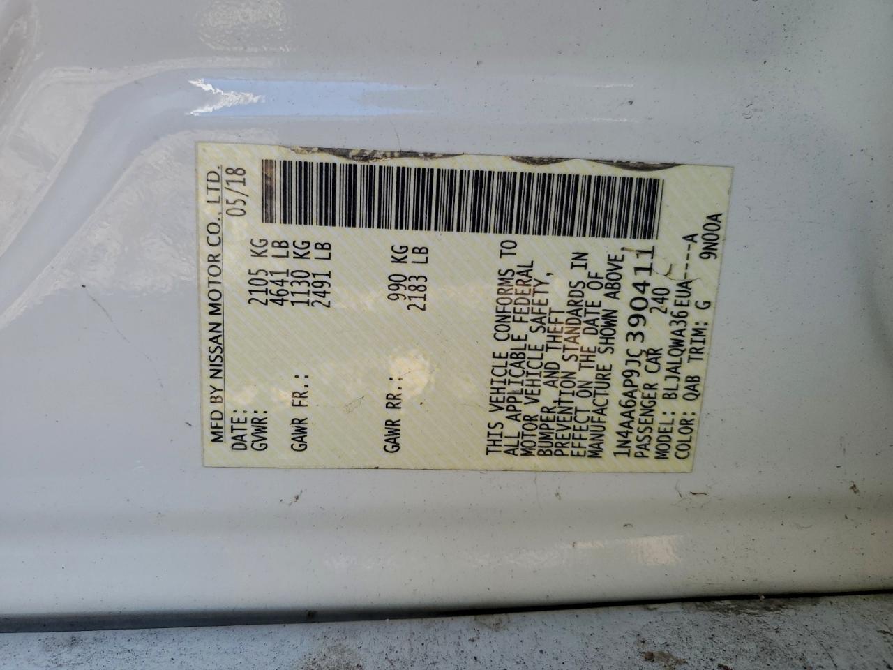 2018 Nissan Maxima 3.5S VIN: 1N4AA6AP9JC390411 Lot: 94275575