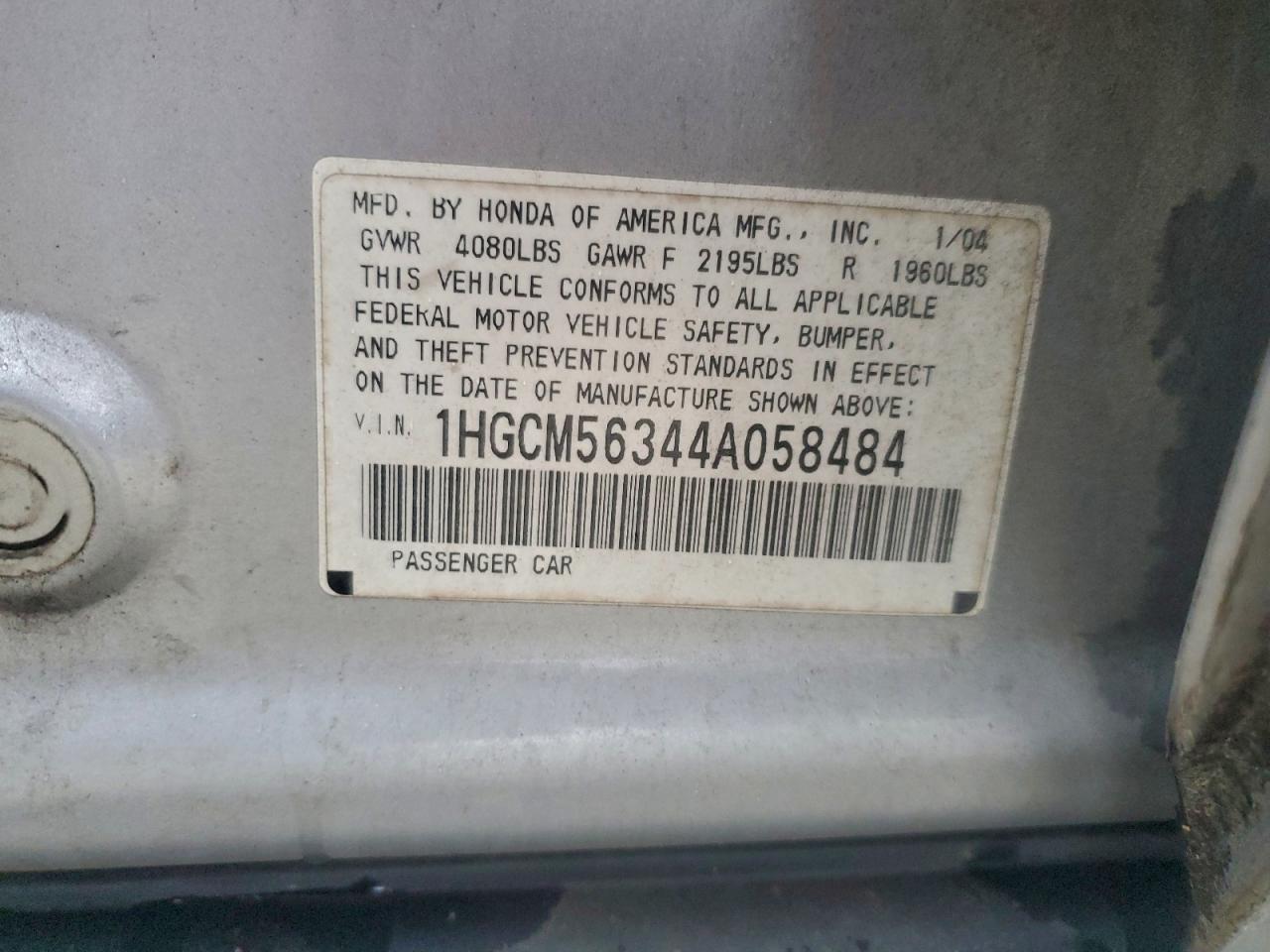 2004 Honda Accord Lx VIN: 1HGCM56344A058484 Lot: 95577215