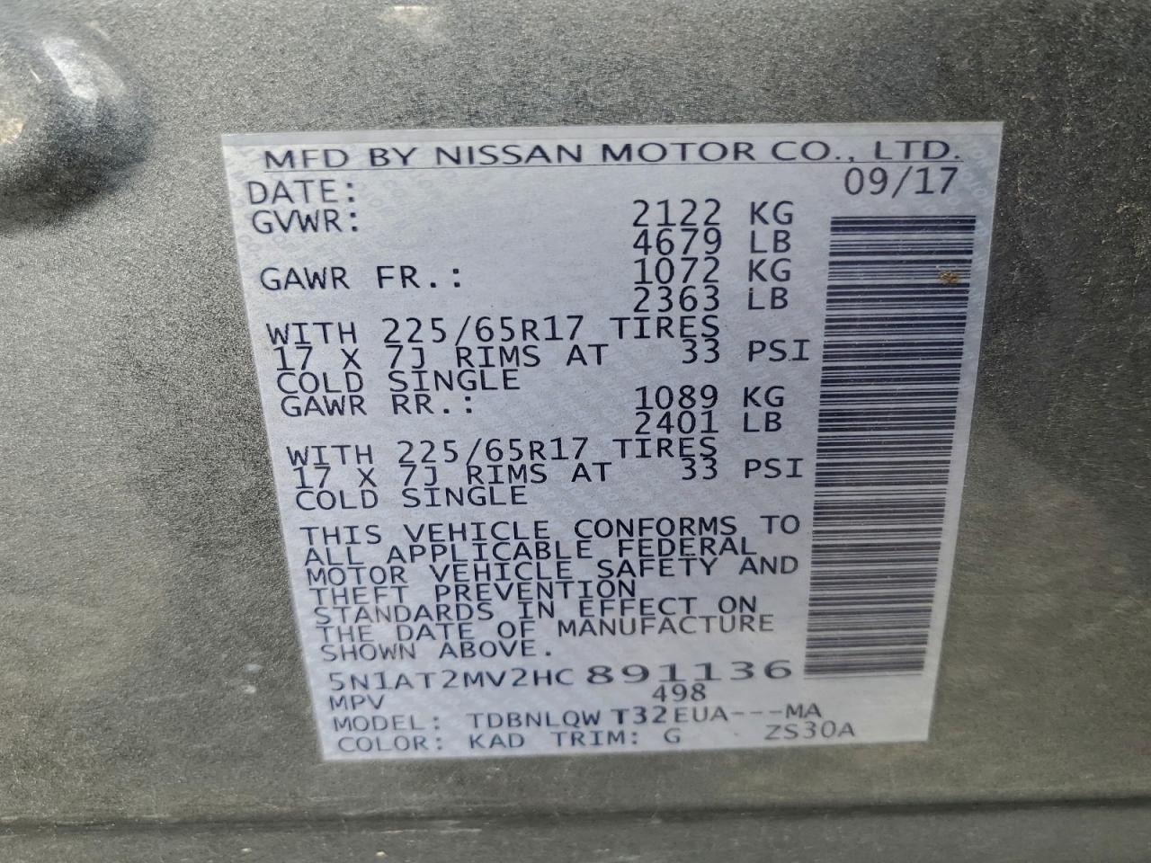 2017 Nissan Rogue Sv VIN: 5N1AT2MV2HC891136 Lot: 96211645