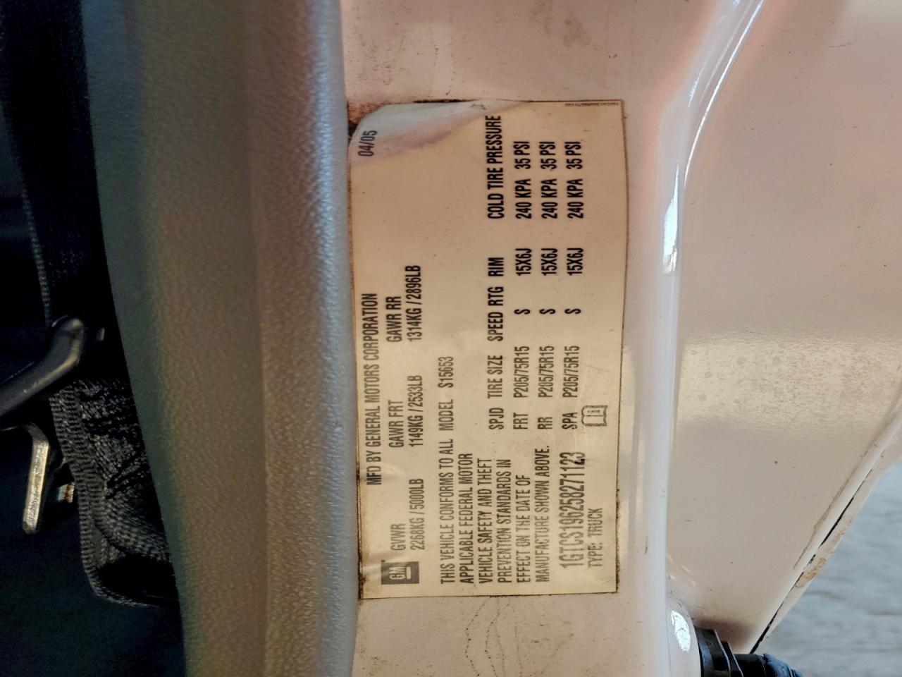 2005 GMC Canyon VIN: 1GTCS196258271123 Lot: 96547975