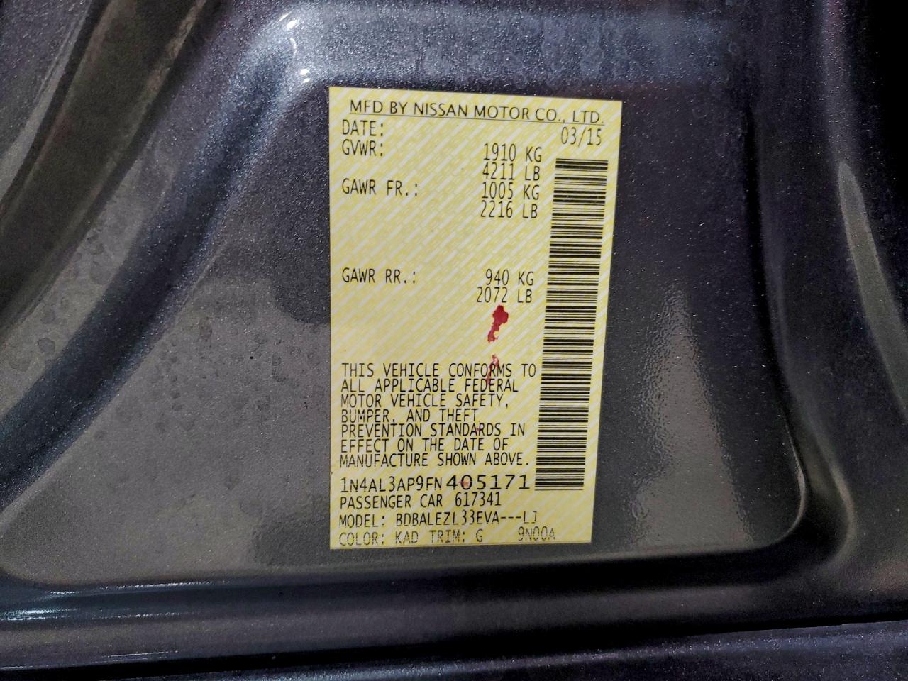 2015 Nissan Altima 2.5 VIN: 1N4AL3AP9FN405171 Lot: 95557865