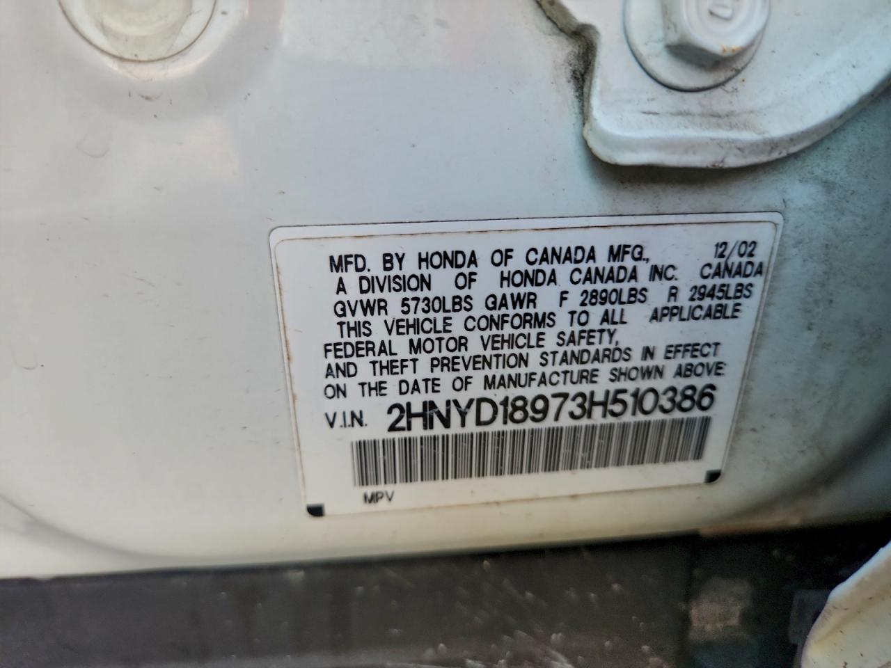 2003 Acura Mdx Touring VIN: 2HNYD18973H510386 Lot: 95369535