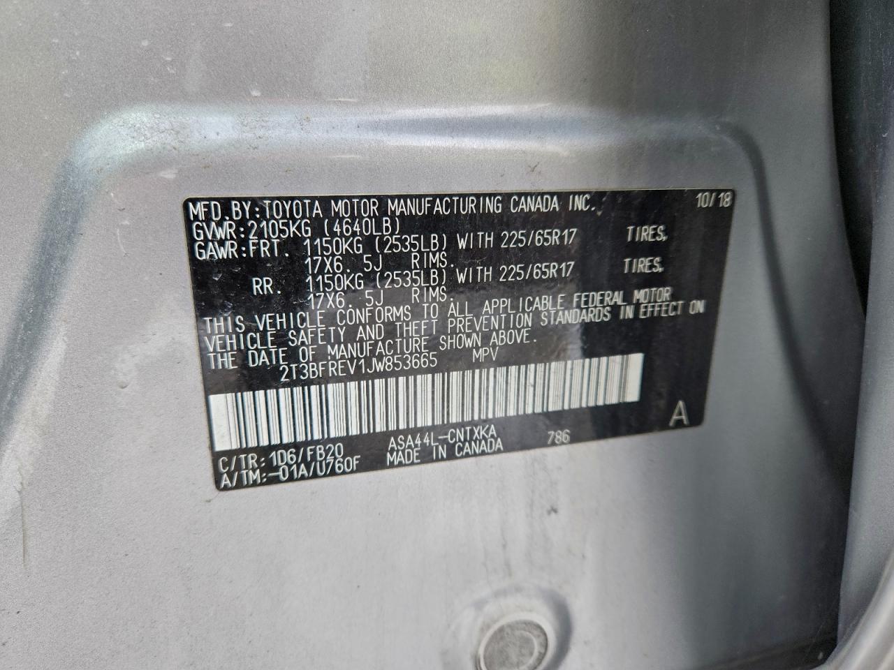 2018 Toyota Rav4 Le VIN: 2T3BFREV1JW853665 Lot: 94437465