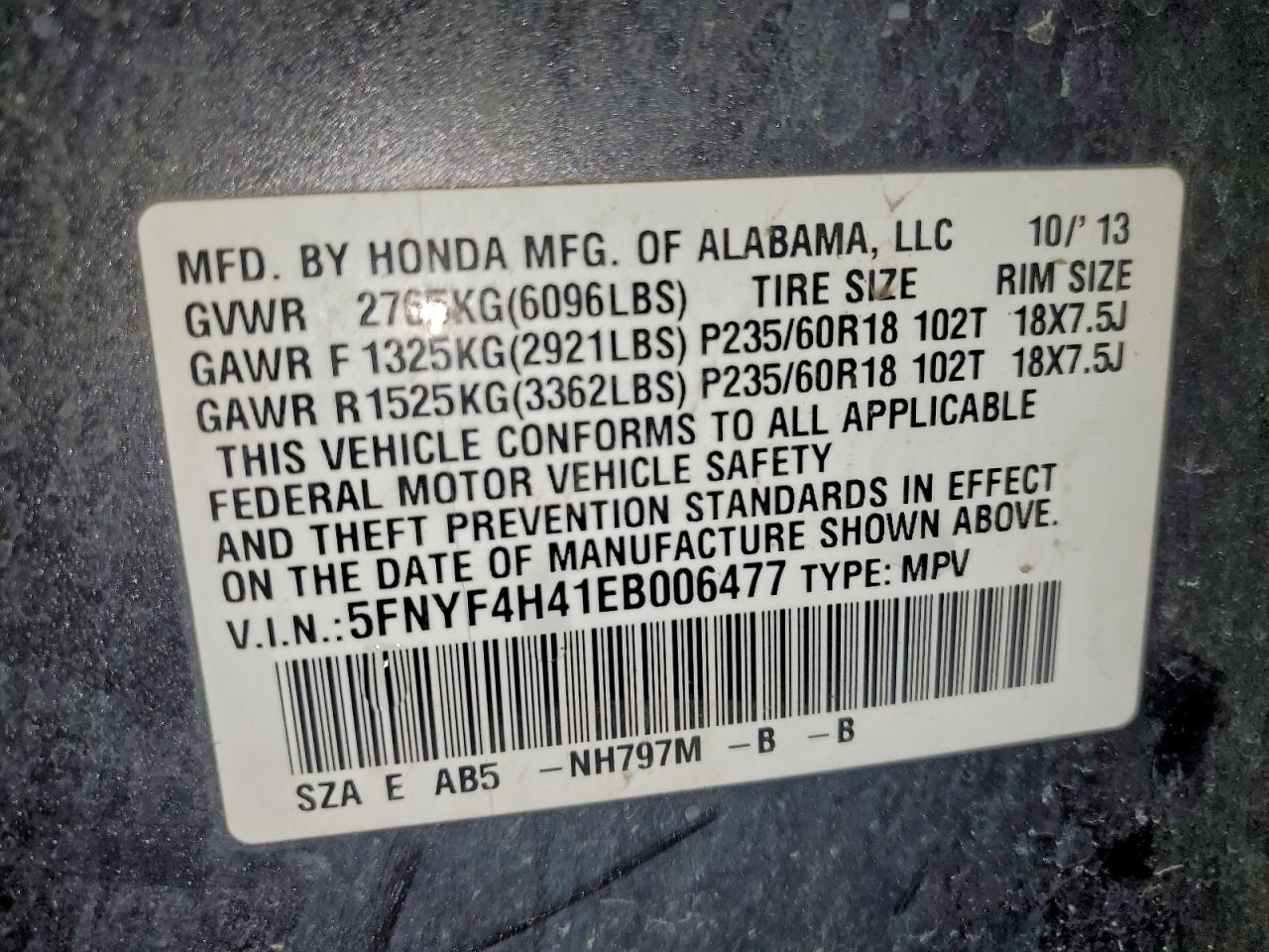 2014 Honda Pilot Ex VIN: 5FNYF4H41EB006477 Lot: 93757595