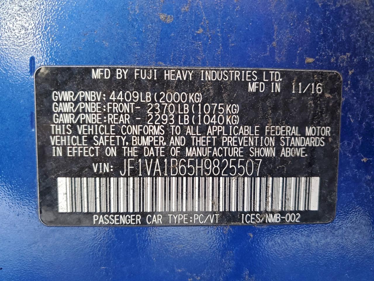 2017 Subaru Wrx VIN: JF1VA1B65H9825507 Lot: 95689185