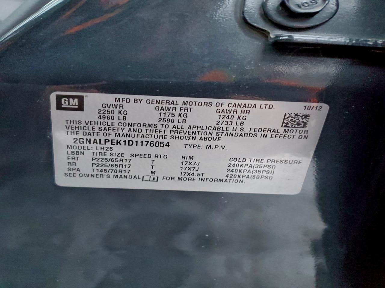 2013 Chevrolet Equinox Lt VIN: 2GNALPEK1D1176054 Lot: 95792305