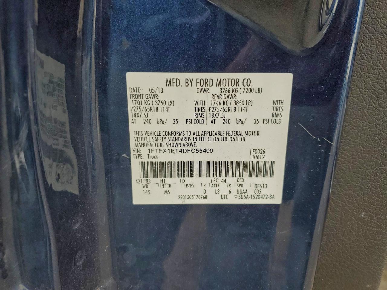 2013 Ford F150 Super Cab VIN: 1FTFX1ET4DFC55400 Lot: 95599785