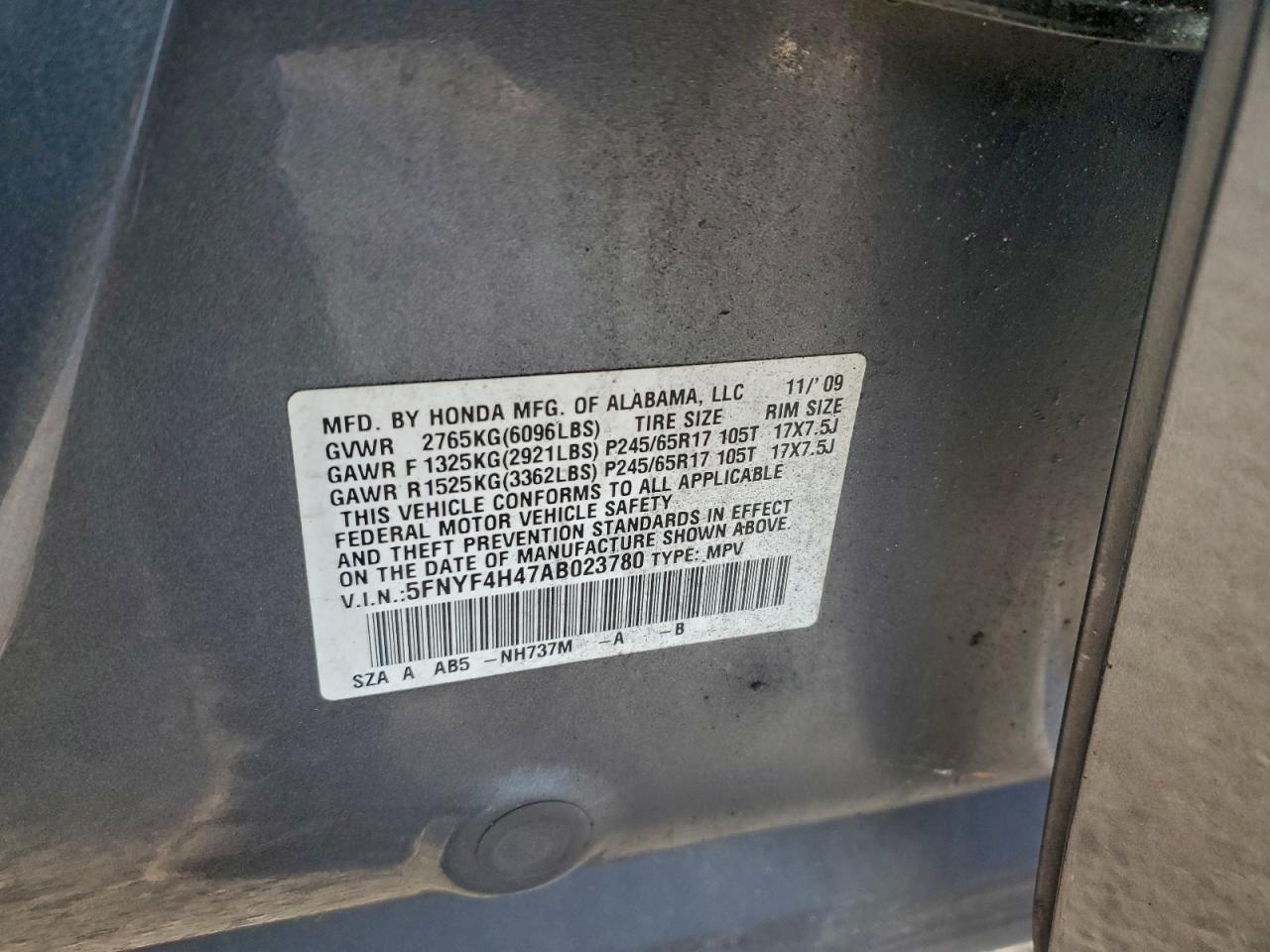 2010 Honda Pilot Ex VIN: 5FNYF4H47AB023780 Lot: 95860855