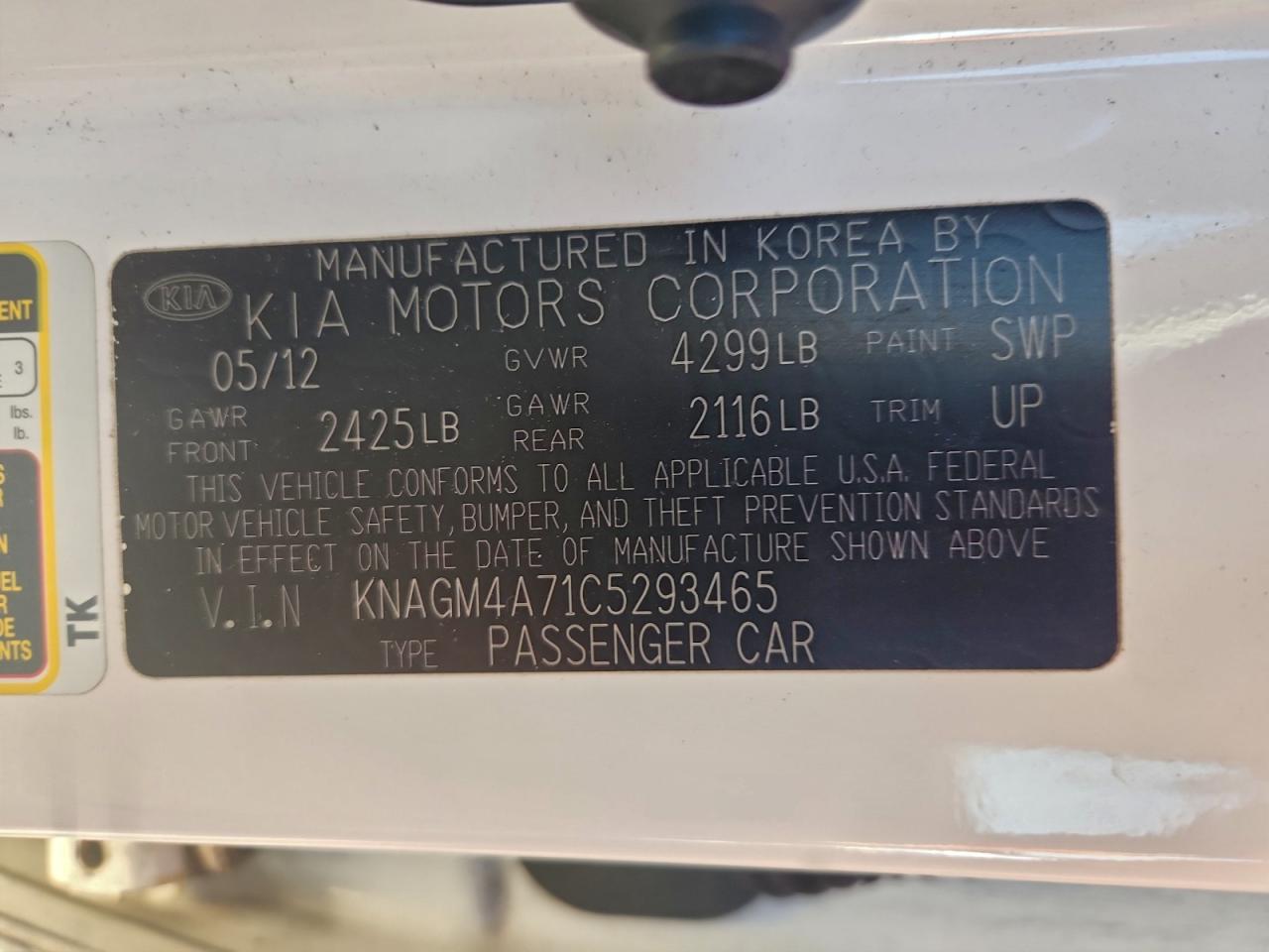 2012 Kia Optima Lx VIN: KNAGM4A71C5293465 Lot: 95003525