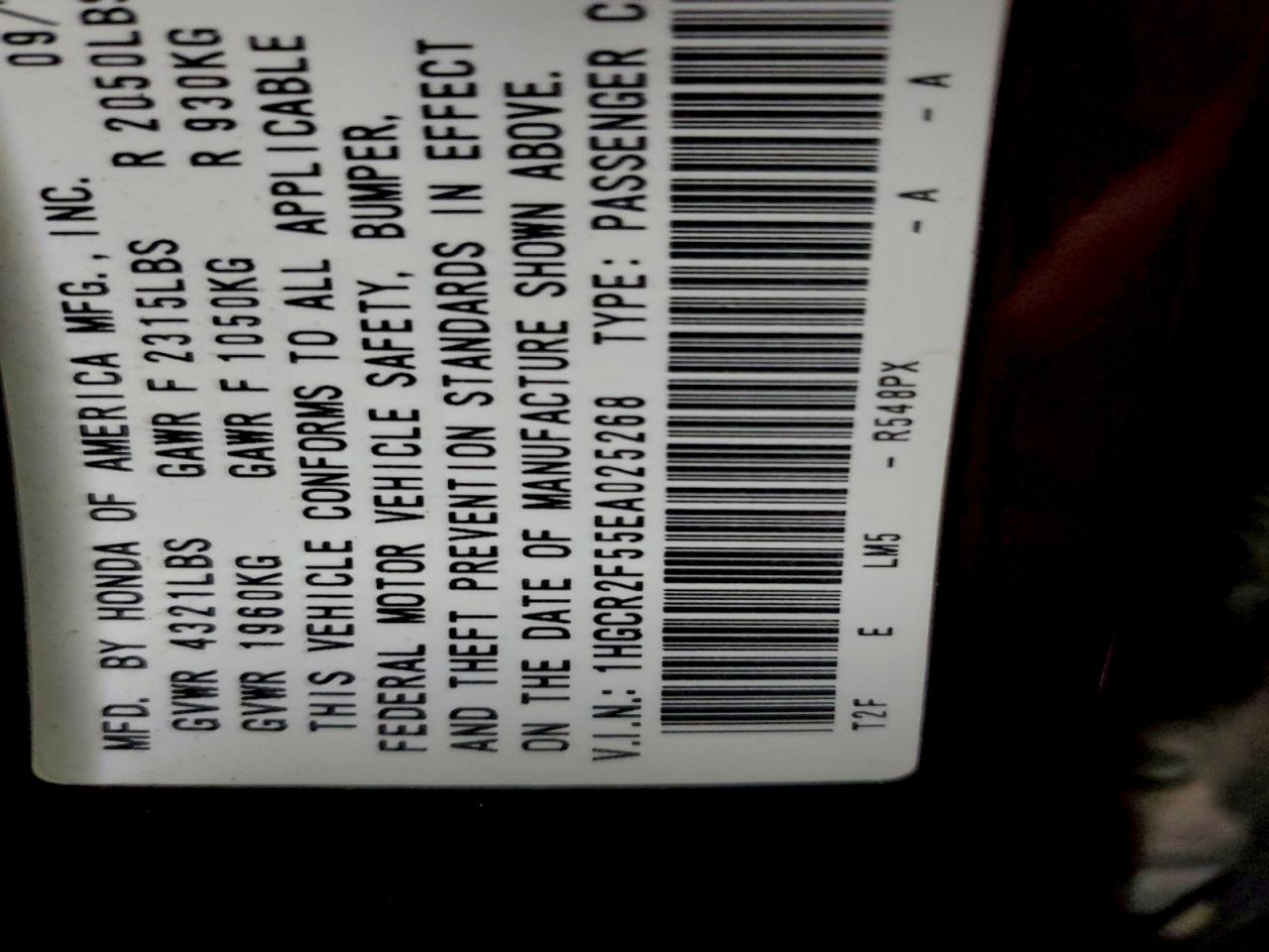 2014 Honda Accord Spo VIN: 025268 Lot: 96006755