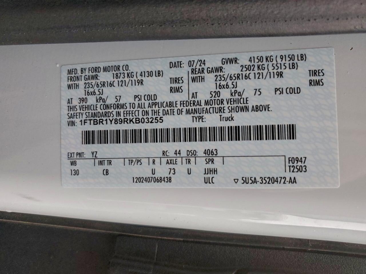 2024 Ford Transit T-250 VIN: 1FTBR1Y89RKB03255 Lot: 96135025