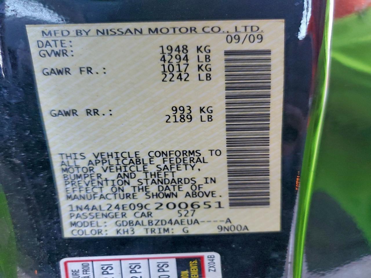 2009 Nissan Altima 2.5S VIN: 1N4AL24E09C200651 Lot: 95693395