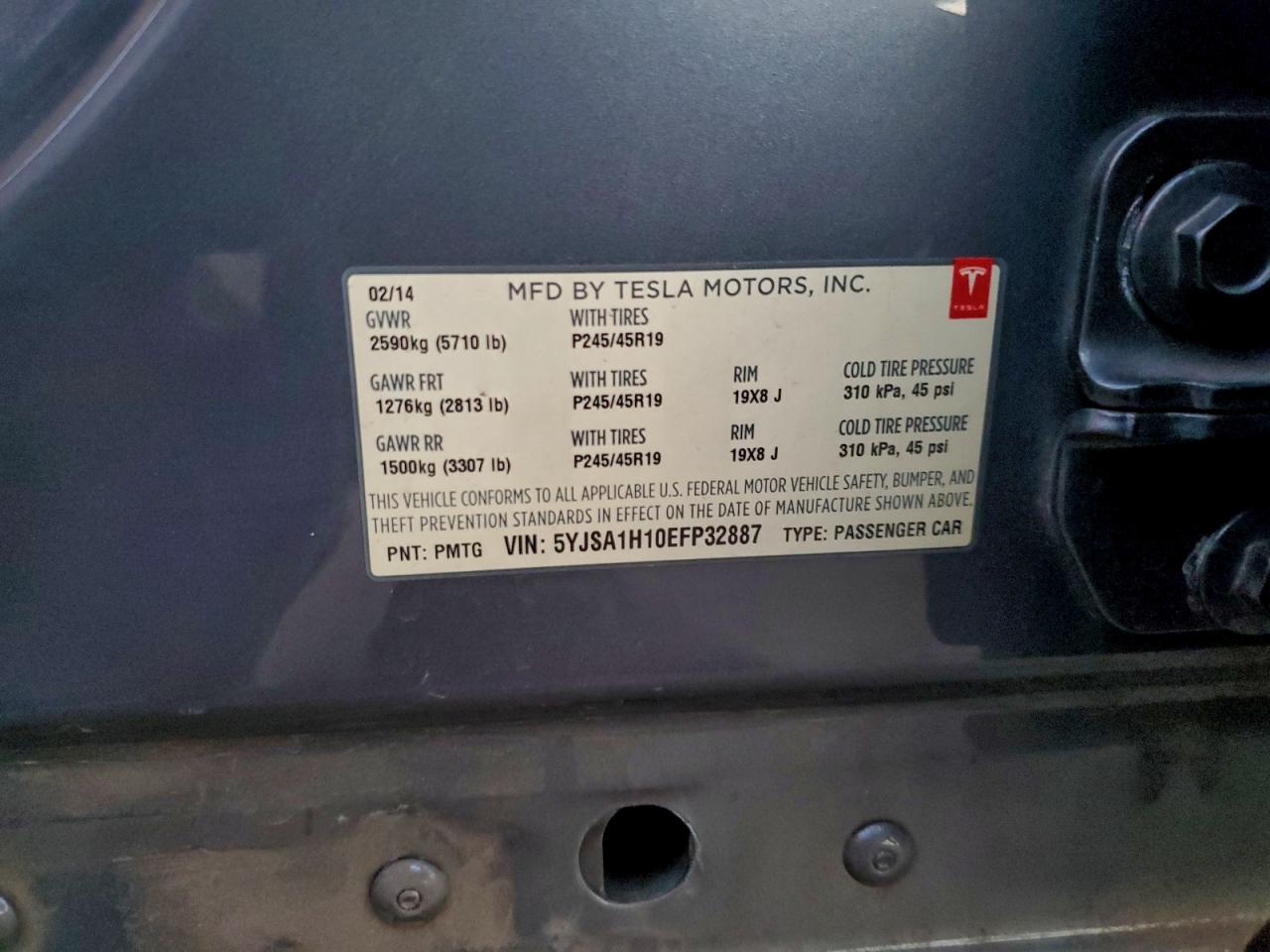 2014 Tesla Model S VIN: 5YJSA1H10EFP32887 Lot: 95186575