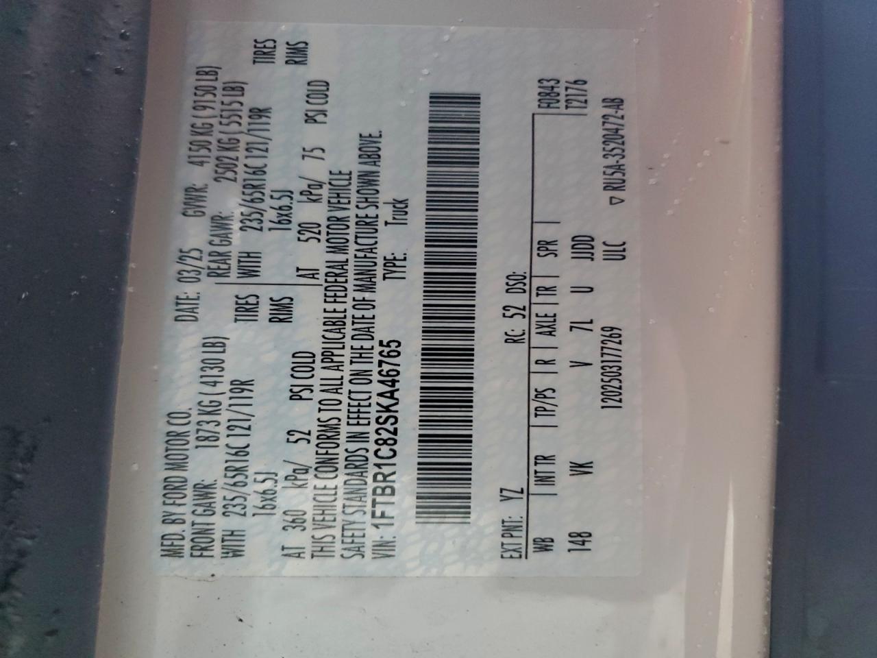 2025 Ford Transit T-250 VIN: 1FTBR1C82SKA46765 Lot: 94526825