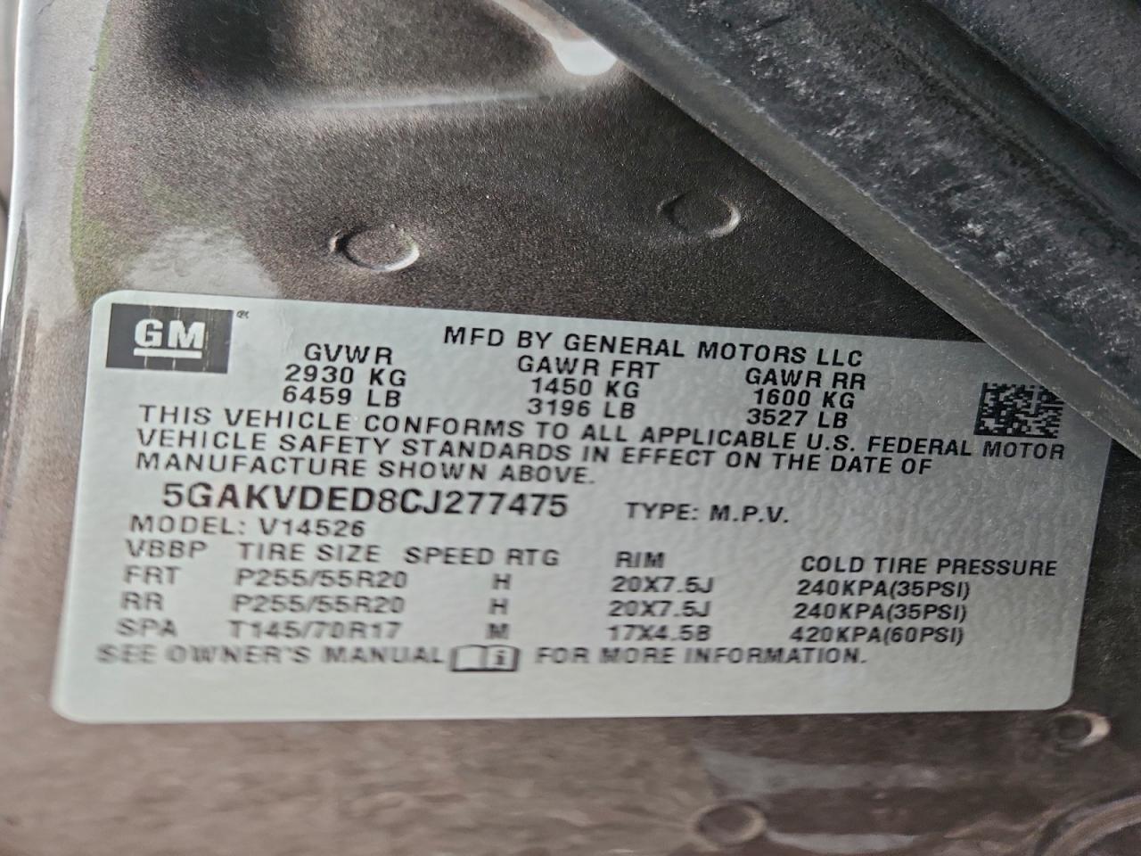 2012 Buick Enclave VIN: 5GAKVDED8CJ277475 Lot: 95203685