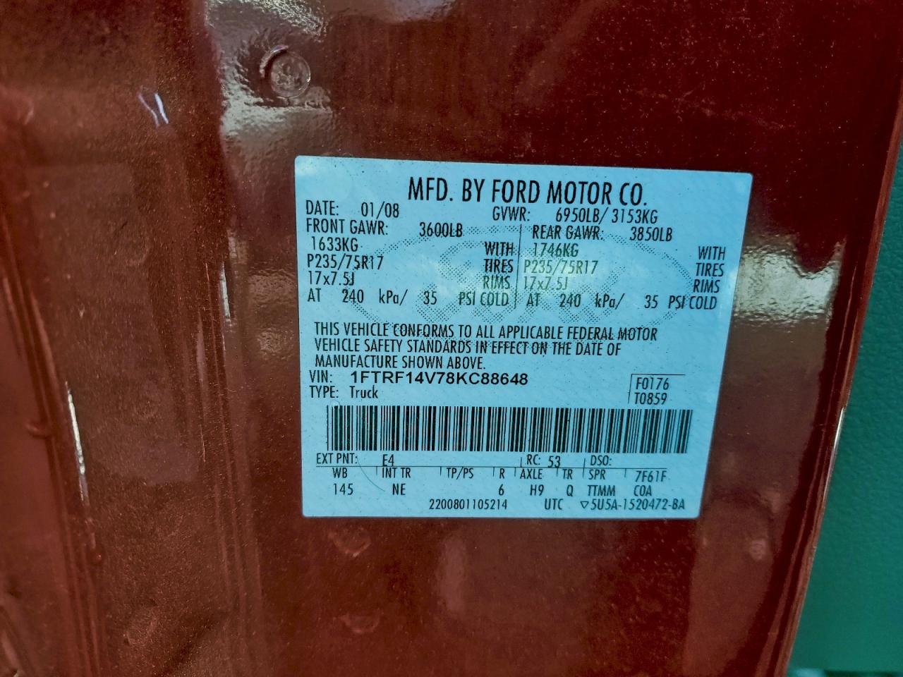 2008 Ford F150 VIN: 1FTRF14V78KC88648 Lot: 94918985