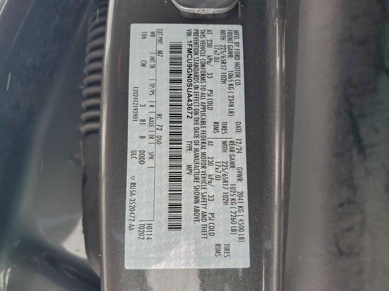 2025 Ford Escape Active VIN: 1FMCU9GN0SUA43672 Lot: 94340175