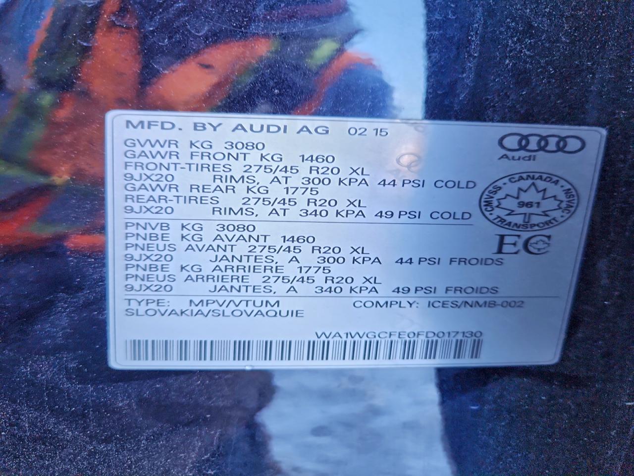 2015 Audi Q7 Prestige VIN: WA1WGCFE0FD017130 Lot: 94456595