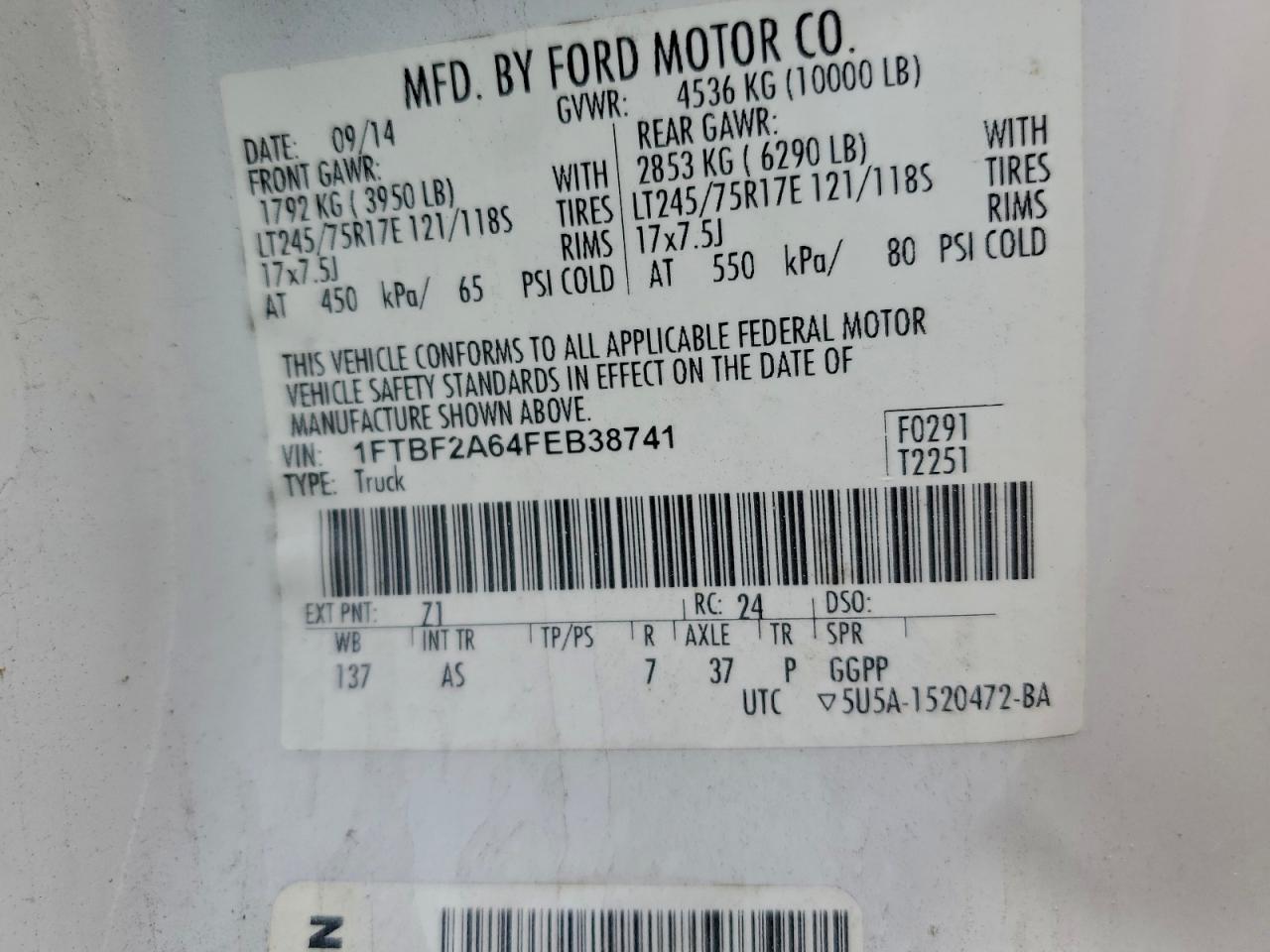 2015 Ford F250 Utility / Service Truck VIN: 1FTBF2A64FEB38741 Lot: 95349145