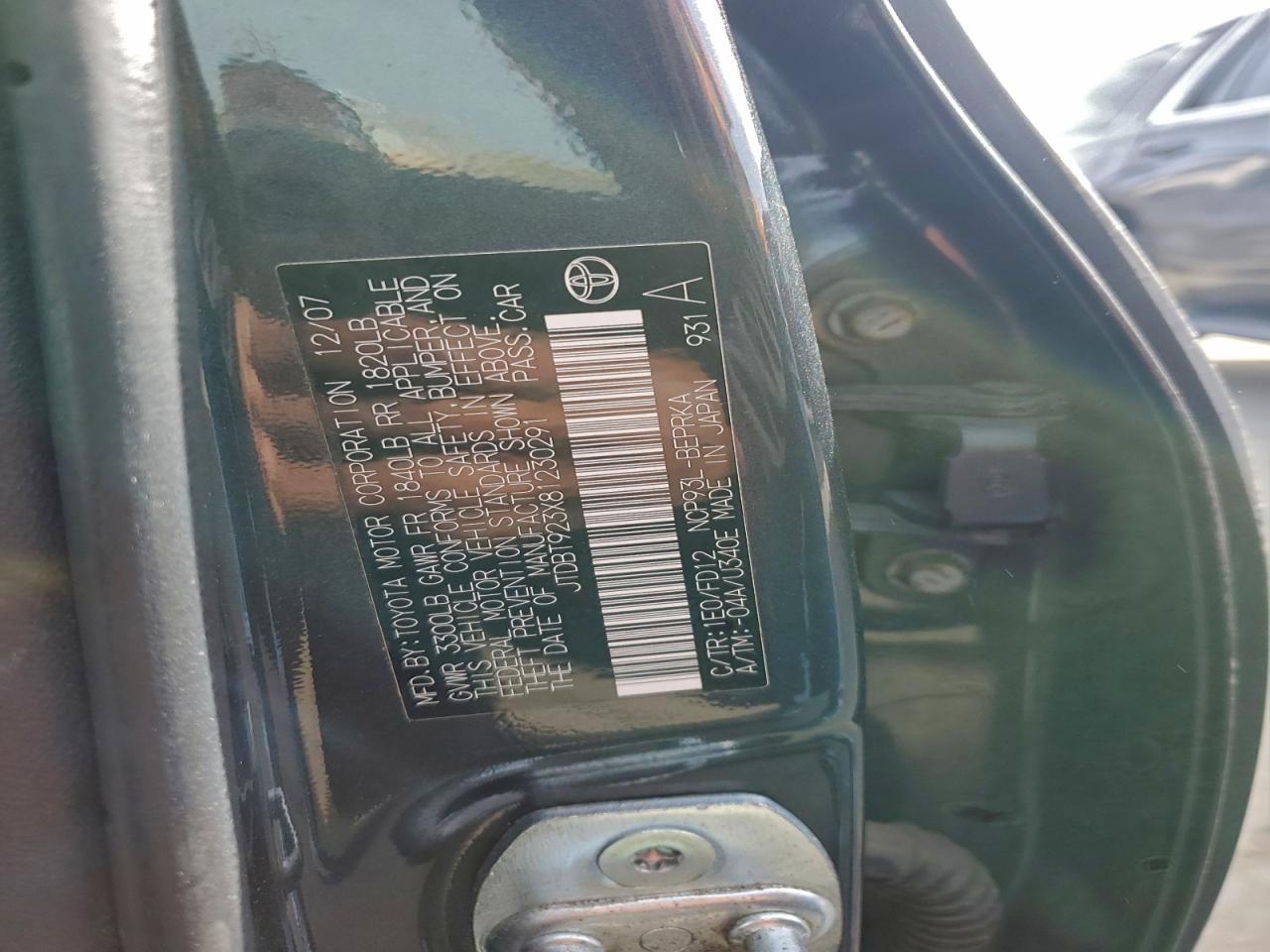 2008 Toyota Yaris VIN: JTDBT923X81230291 Lot: 95217605