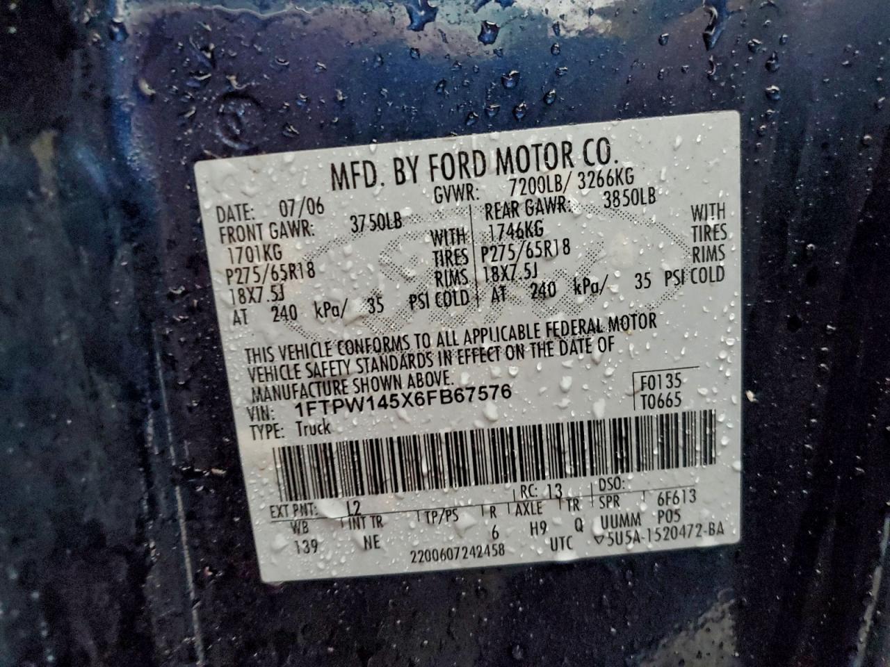 2006 Ford F150 Supercrew VIN: 1FTPW145X6FB67576 Lot: 95302805