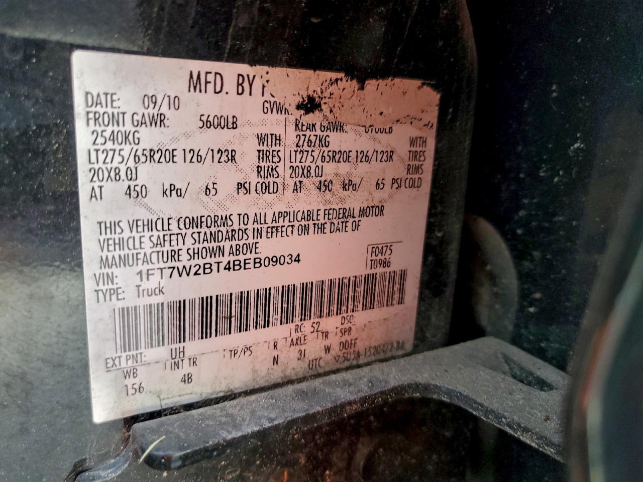 2011 Ford F250 Super Duty VIN: 1FT7W2BT4BEB09034 Lot: 93885395