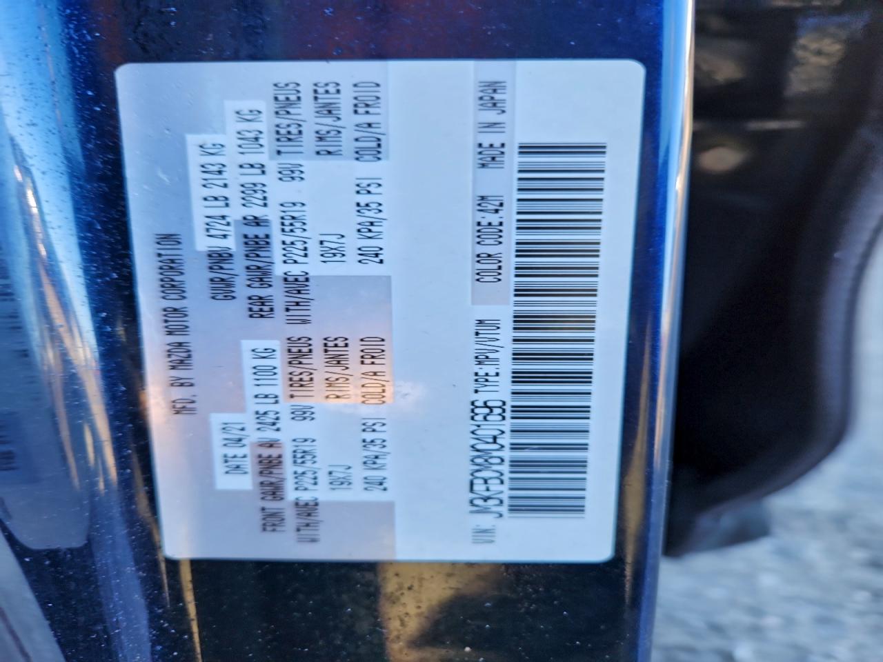 2021 Mazda Cx-5 Touring VIN: JM3KFBCM8M0401696 Lot: 94903595