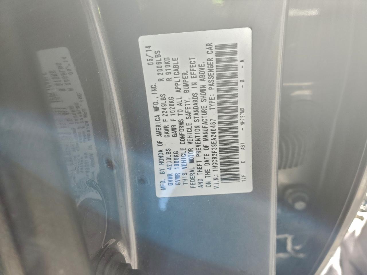 2014 Honda Accord Lx VIN: 1HGCR2F39EA240487 Lot: 97801085