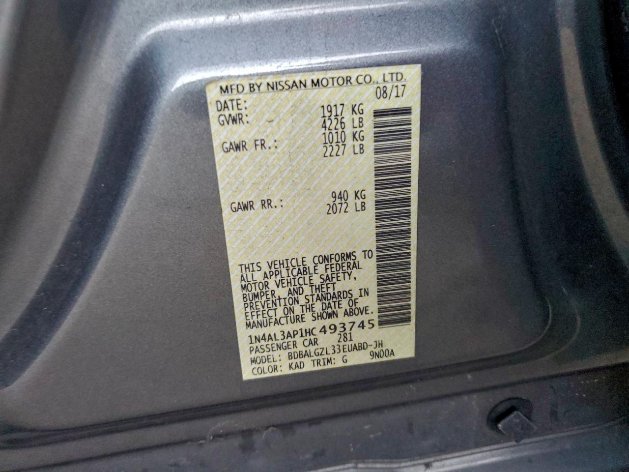 2017 Nissan Altima 2.5 VIN: 1N4AL3AP1HC493745 Lot: 94278535