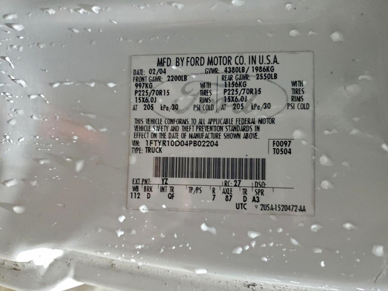 2004 Ford Ranger VIN: 1FTYR10D04PB02204 Lot: 95678815