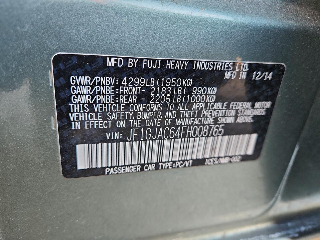 2015 Subaru Impreza Premium VIN: JF1GJAC64FH008765 Lot: 94805015