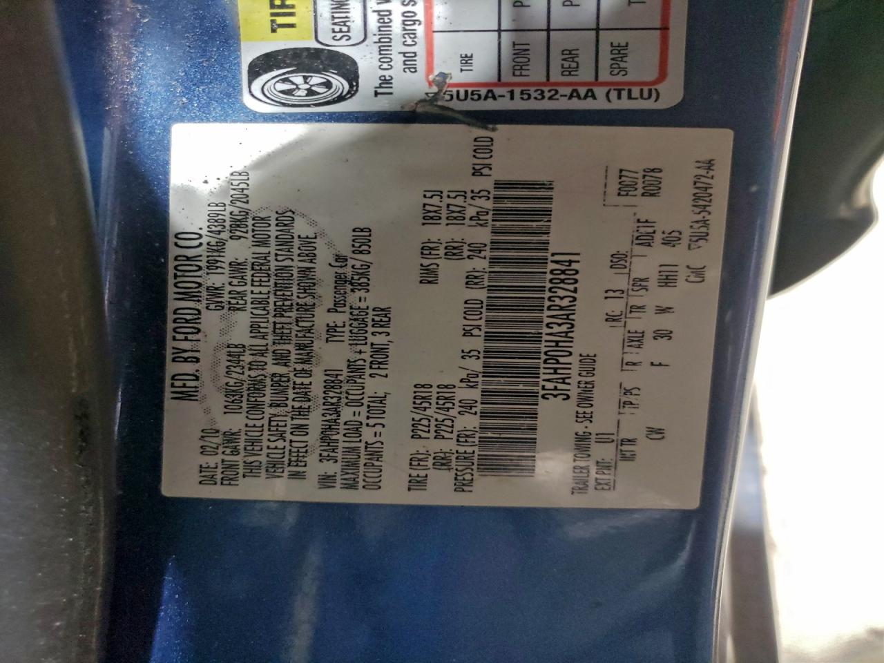 2010 Ford Fusion Se VIN: 3FAHP0HA3AR328841 Lot: 93847175