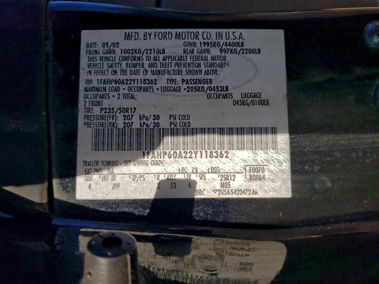2002 Ford Thunderbird VIN: 1FAHP60A22Y118362 Lot: 92516625