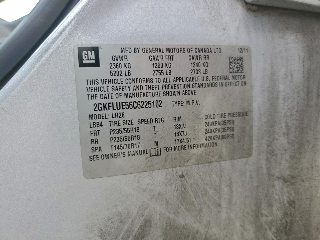 2012 GMC Terrain Slt VIN: 2GKFLUE56C6225102 Lot: 95993685