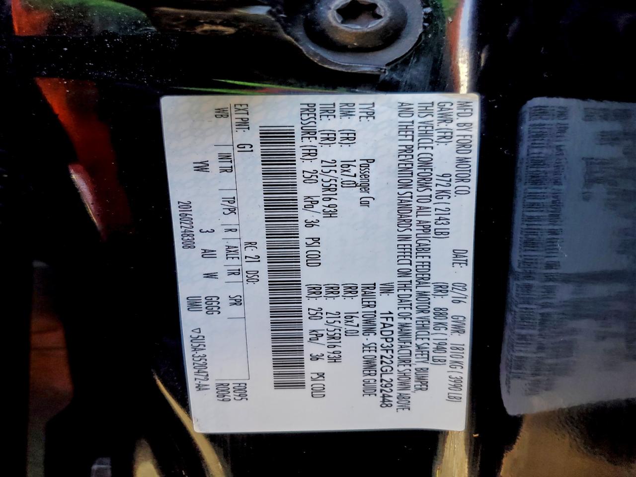 2016 Ford Focus Se VIN: 1FADP3F22GL292448 Lot: 95342305