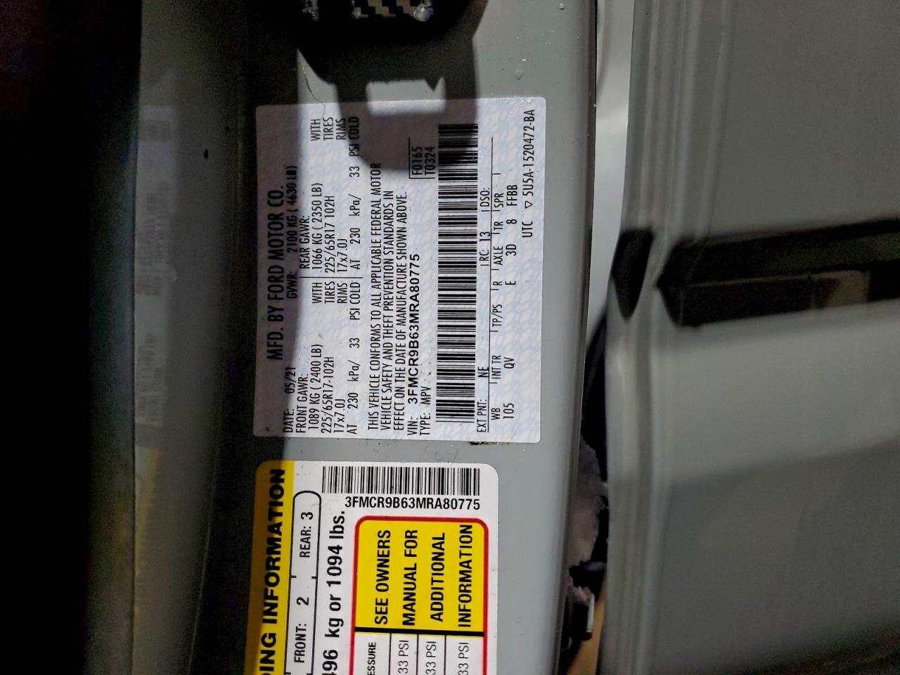 2021 Ford Bronco Sport Big Bend VIN: 3FMCR9B63MRA80775 Lot: 96246485