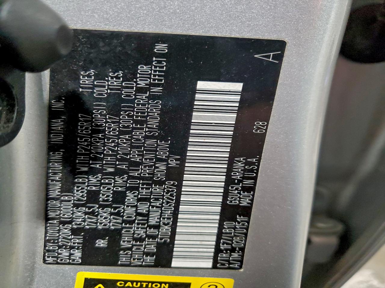 2013 Toyota Highlander Base VIN: 5TDBK3EH4DS225379 Lot: 95936935