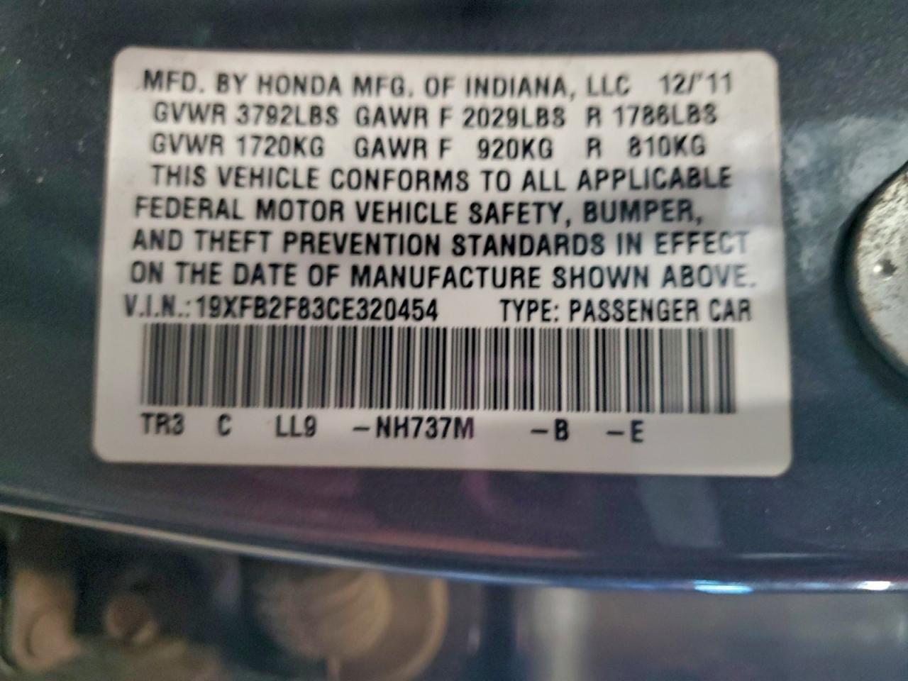 2012 Honda Civic Ex VIN: 19XFB2F83CE320454 Lot: 95037785