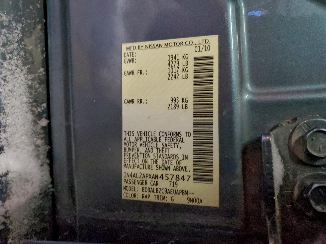 2010 Nissan Altima Base VIN: 1N4AL2APXAN457847 Lot: 94487895