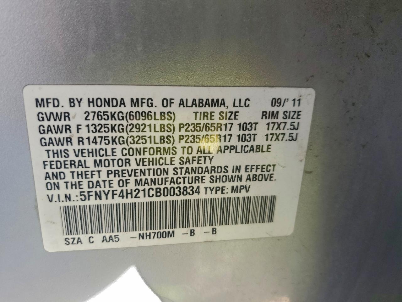 2012 Honda Pilot Lx VIN: 5FNYF4H21CB003834 Lot: 94105205